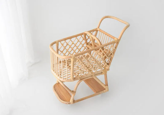 Little Shopper Rattan Cart - Children's Toy Pretend Play - Boho Rattan Shopping Cart Kitchen Toy