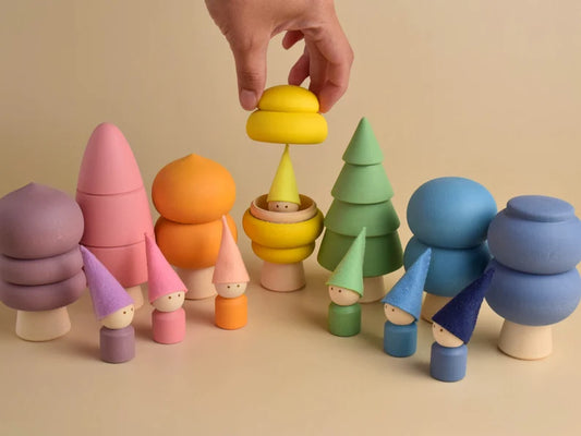 Wooden Toy Trees Figurine with Peg Dolls Set Pastel Rainbow Woodland Playset Montessori Materials Kit Color Learning Game Birthday Gifts