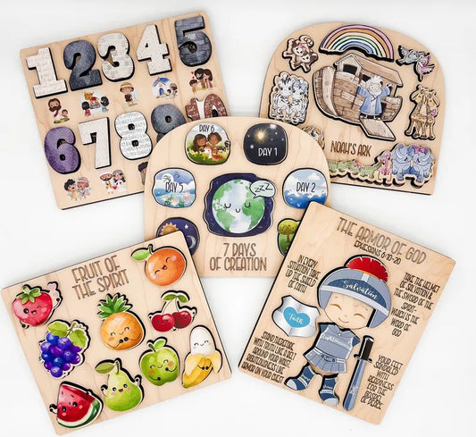 Bible Set of 5 Puzzles/ Christian gift for kids/ Montessori toys/ Wooden Bible puzzles/ educational puzzles/ Bible learning tools