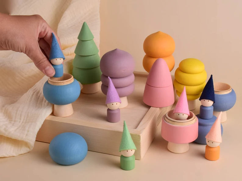 Wooden Toy Trees Figurine with Peg Dolls Set Pastel Rainbow Woodland Playset Montessori Materials Kit Color Learning Game Birthday Gifts