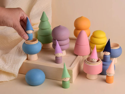 Wooden Toy Trees Figurine with Peg Dolls Set Pastel Rainbow Woodland Playset Montessori Materials Kit Color Learning Game Birthday Gifts